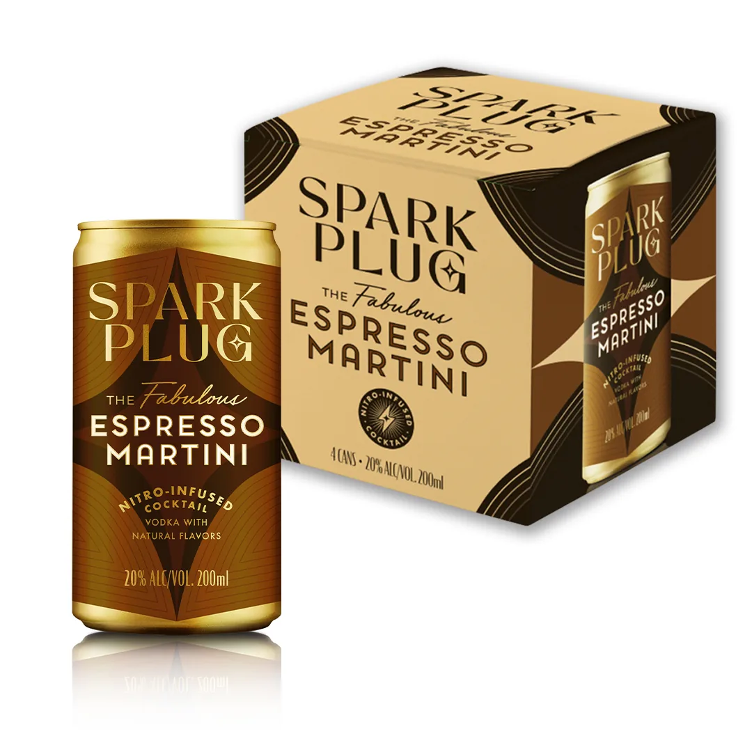 Spark Plug Espresso Martini can and 4-pack box