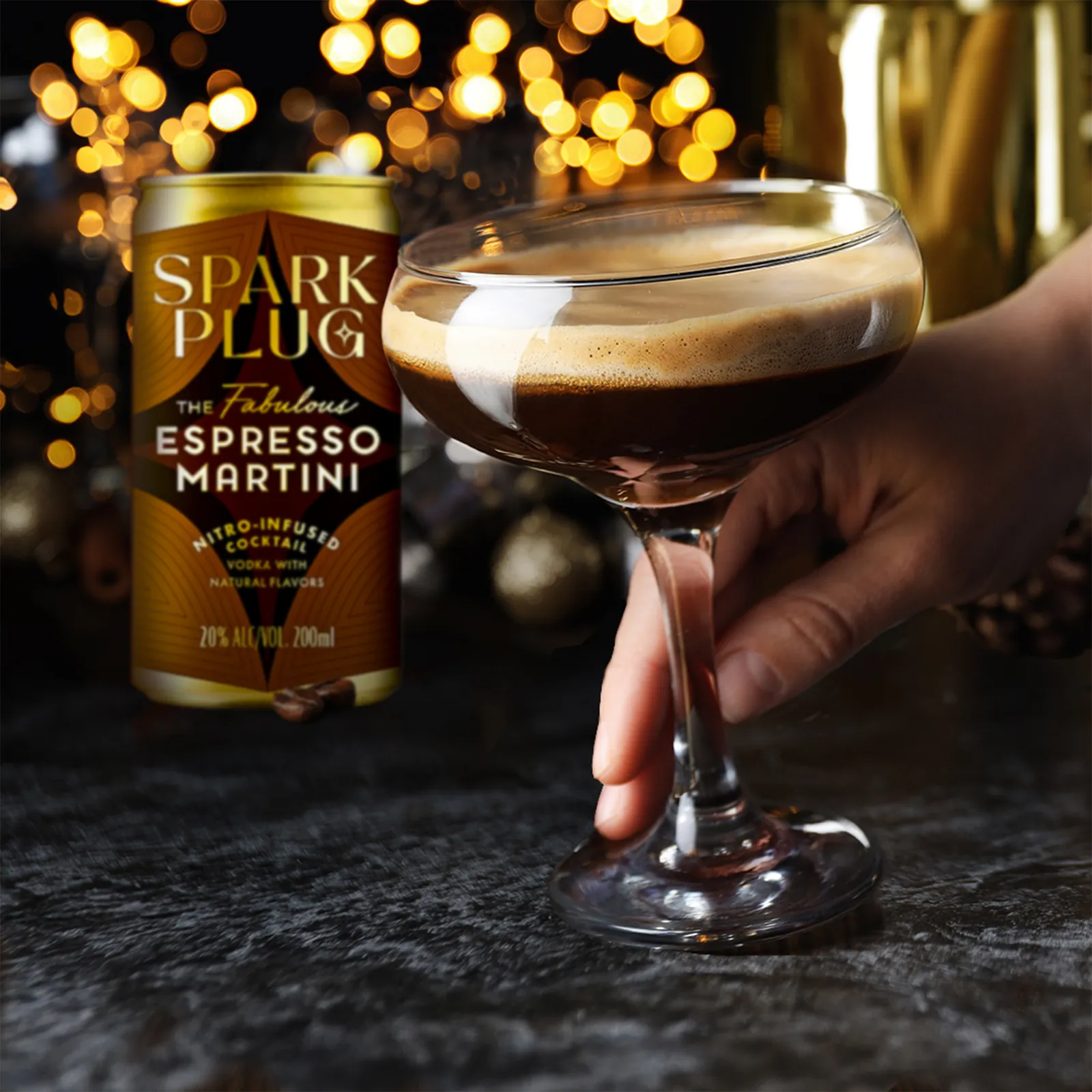 Spark Plug nitro espresso martini poured into a glass with a crema