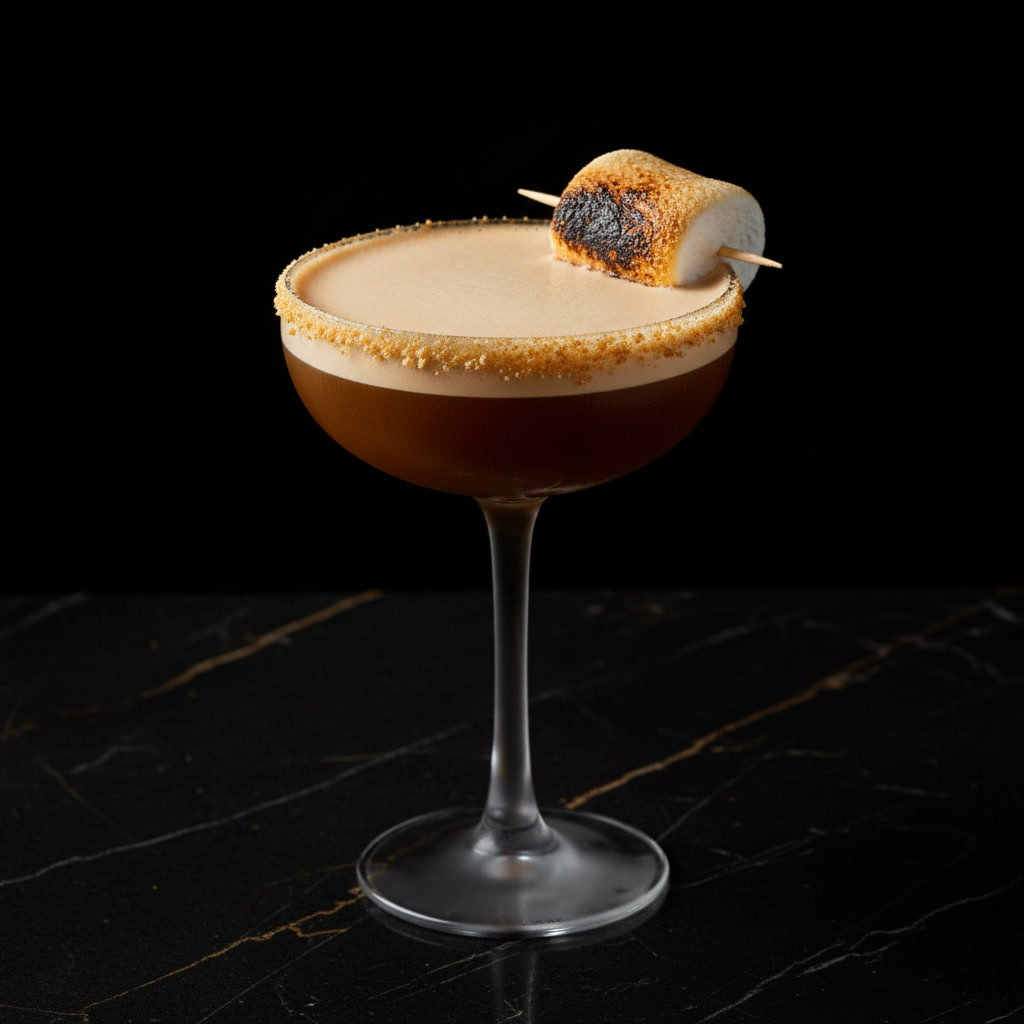 Spark Plug nitro espresso martini — Bonfire, a torched marshmallow + a graham-cracker rim