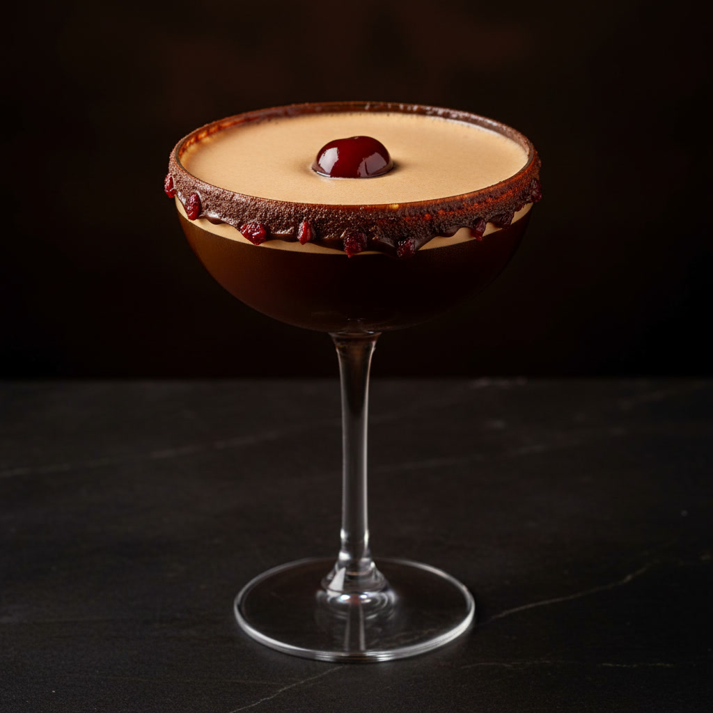 Spark Plug nitro espresso martini — Chocolate-Covered Cherry, a brandied cherry + a chocolate rim