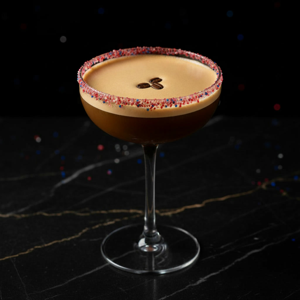 Spark Plug nitro espresso martini — Firecracker, a popping-candy rim + three coffee beans