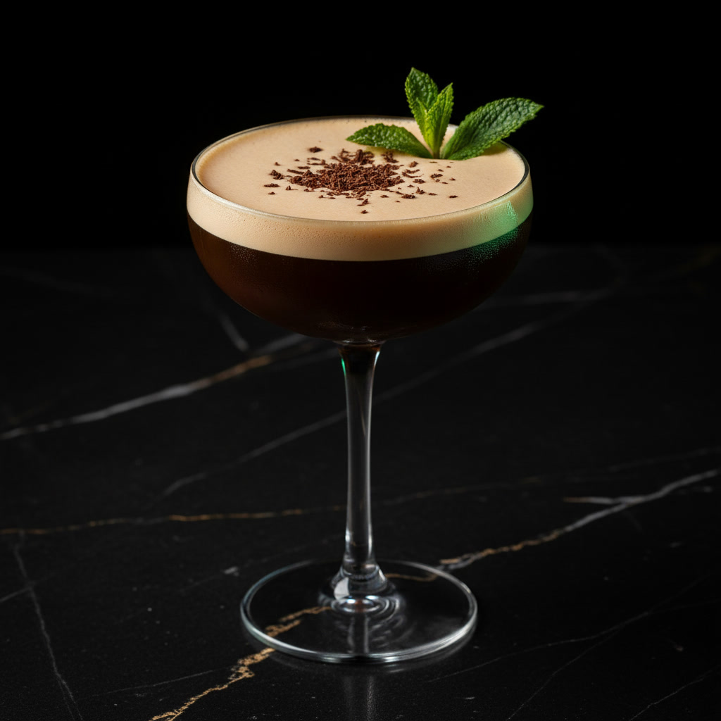Spark Plug nitro espresso martini — Lucky Nitro, a mint sprig + chocolate shavings