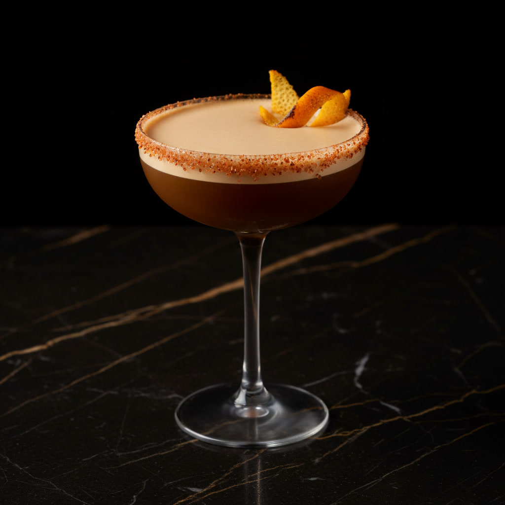 Spark Plug nitro espresso martini — Midnight Fuego, a Tajín-chili rim + an orange twist
