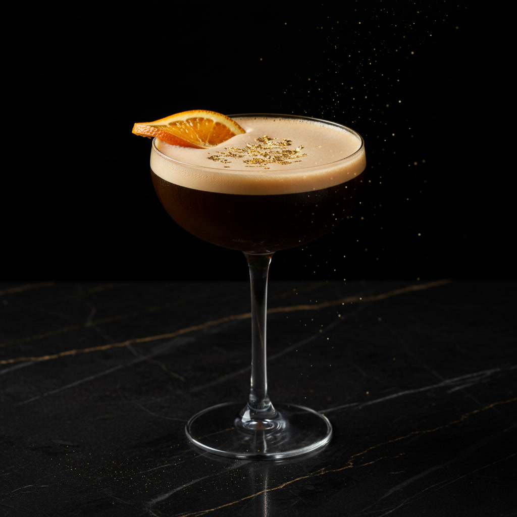 Spark Plug nitro espresso martini — Midnight Gold, edible gold shimmer + an orange slice