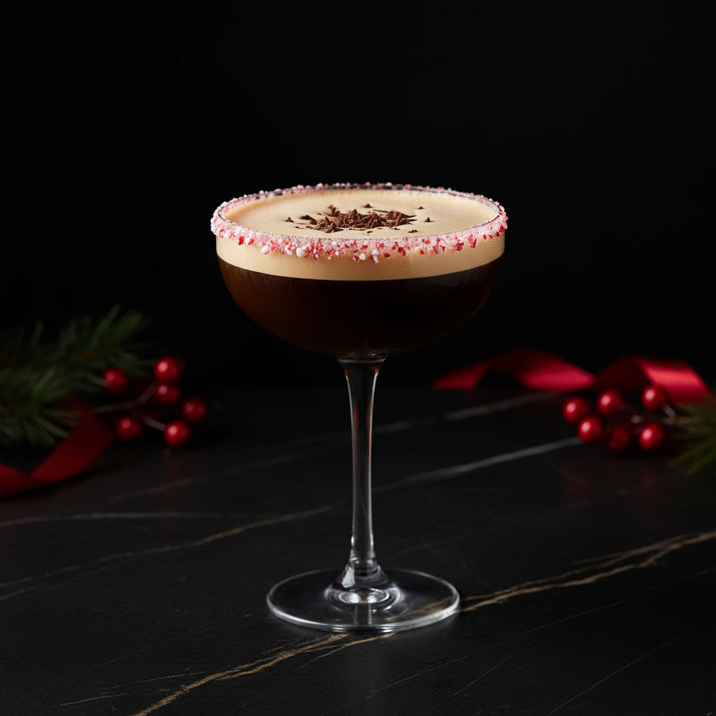 Spark Plug nitro espresso martini — Peppermint Bark, a crushed candy-cane rim + dark chocolate shavings
