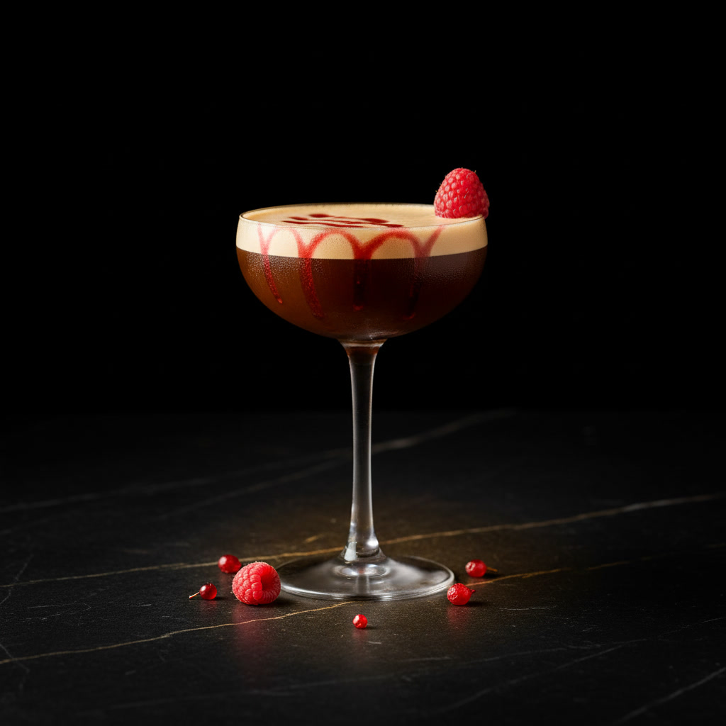 Spark Plug nitro espresso martini — Raspberry Bloom, a raspberry drizzle + a fresh raspberry